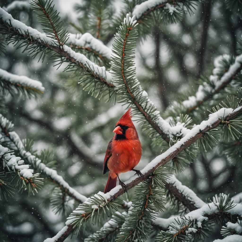 Cardinal on Snowy Branch in Cinematic Style