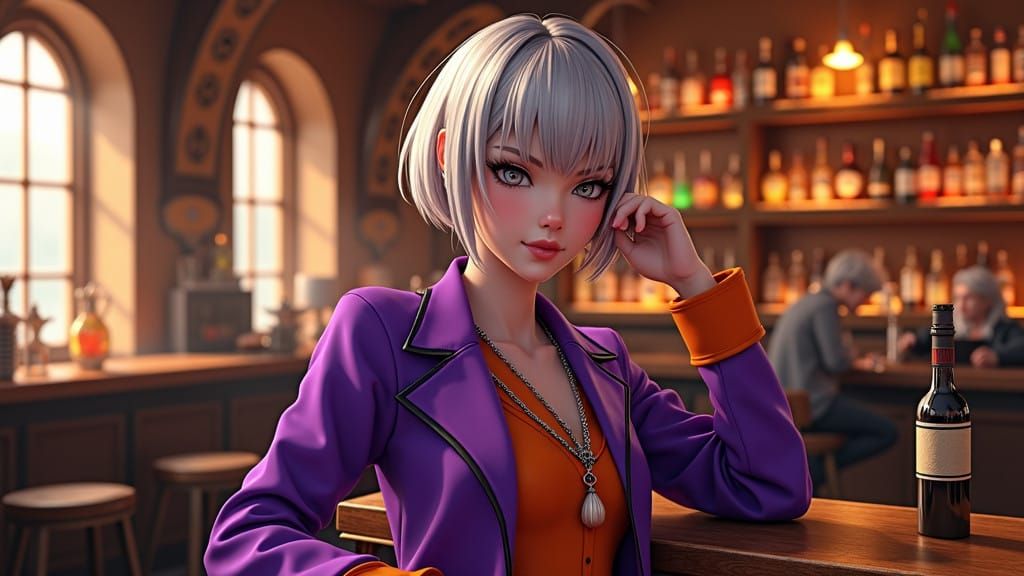 Mystical Tavern Keeper in a Golden-Lit Giant Bar