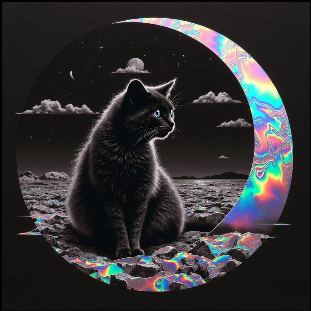 Black Cat on Shiny Rainbow Foil Crescent Moon