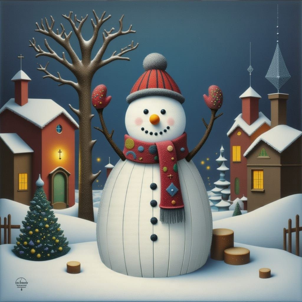 Folk Art Snowman in Rustic Village