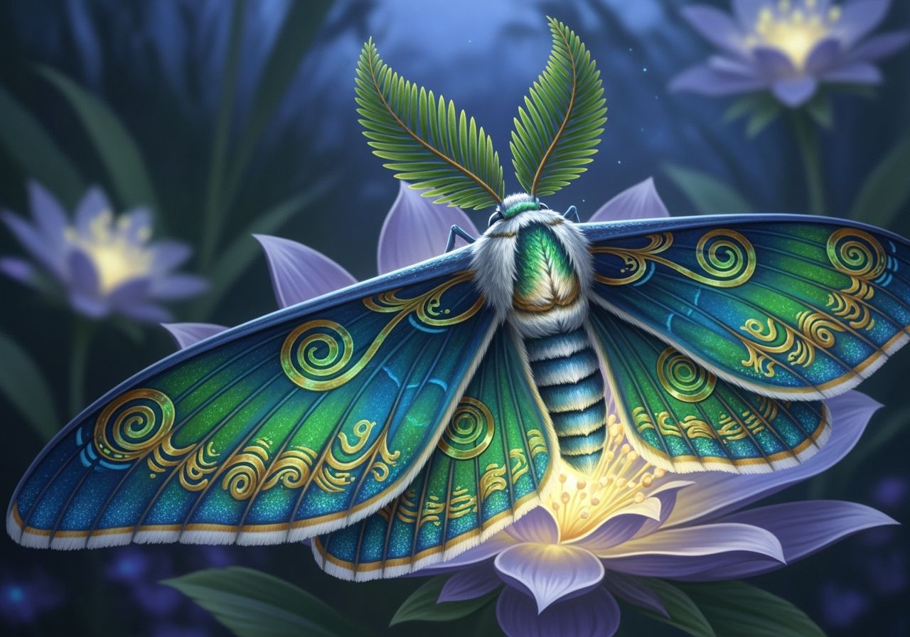 Mythical Moth with Glowing Wings on Bioluminescent Flower