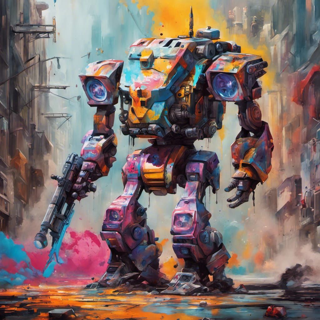 Bipedal Battle Mech in Graffiti Splash Art