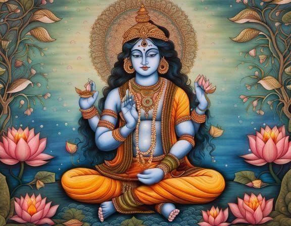 Lord Krishna meditating in front of a Madhubani Art Tapestry