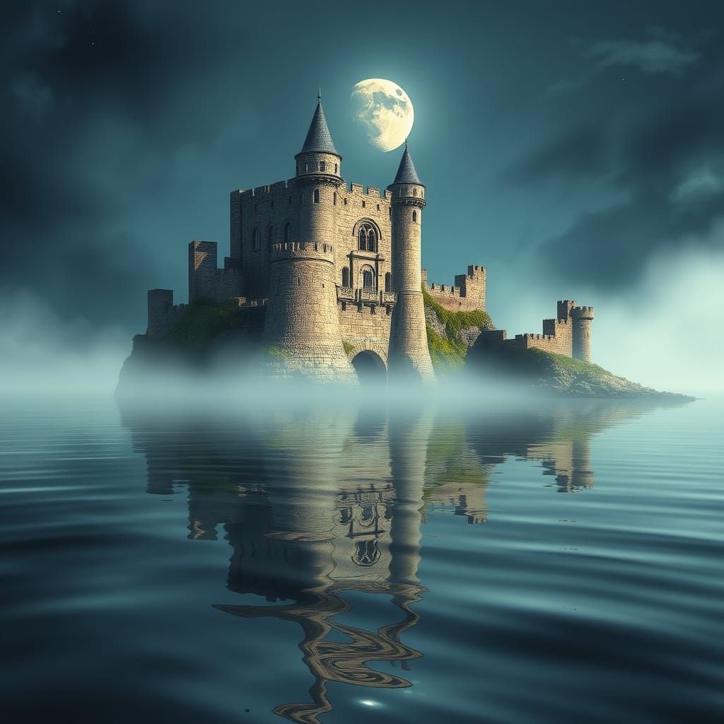 Castle Ruins Rise from Moonlit Sea in Dreamy, Mystical Scene