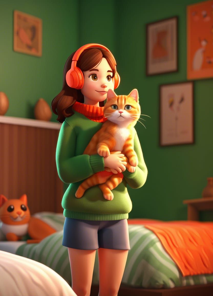 Cute Lofi Girl with Cat in Disney Style 3D Render