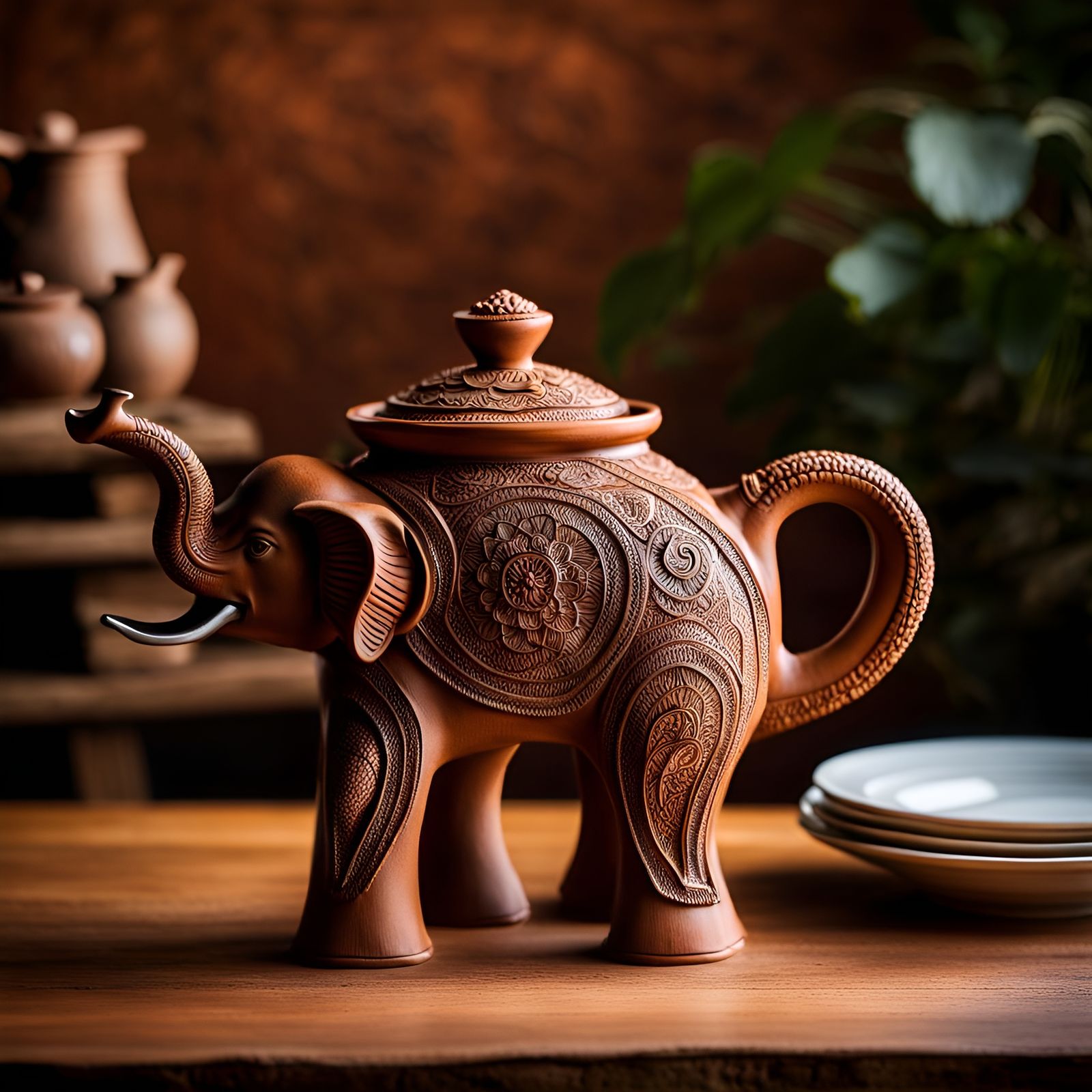 Elephant Teapot Sculpture in Terracotta Clay