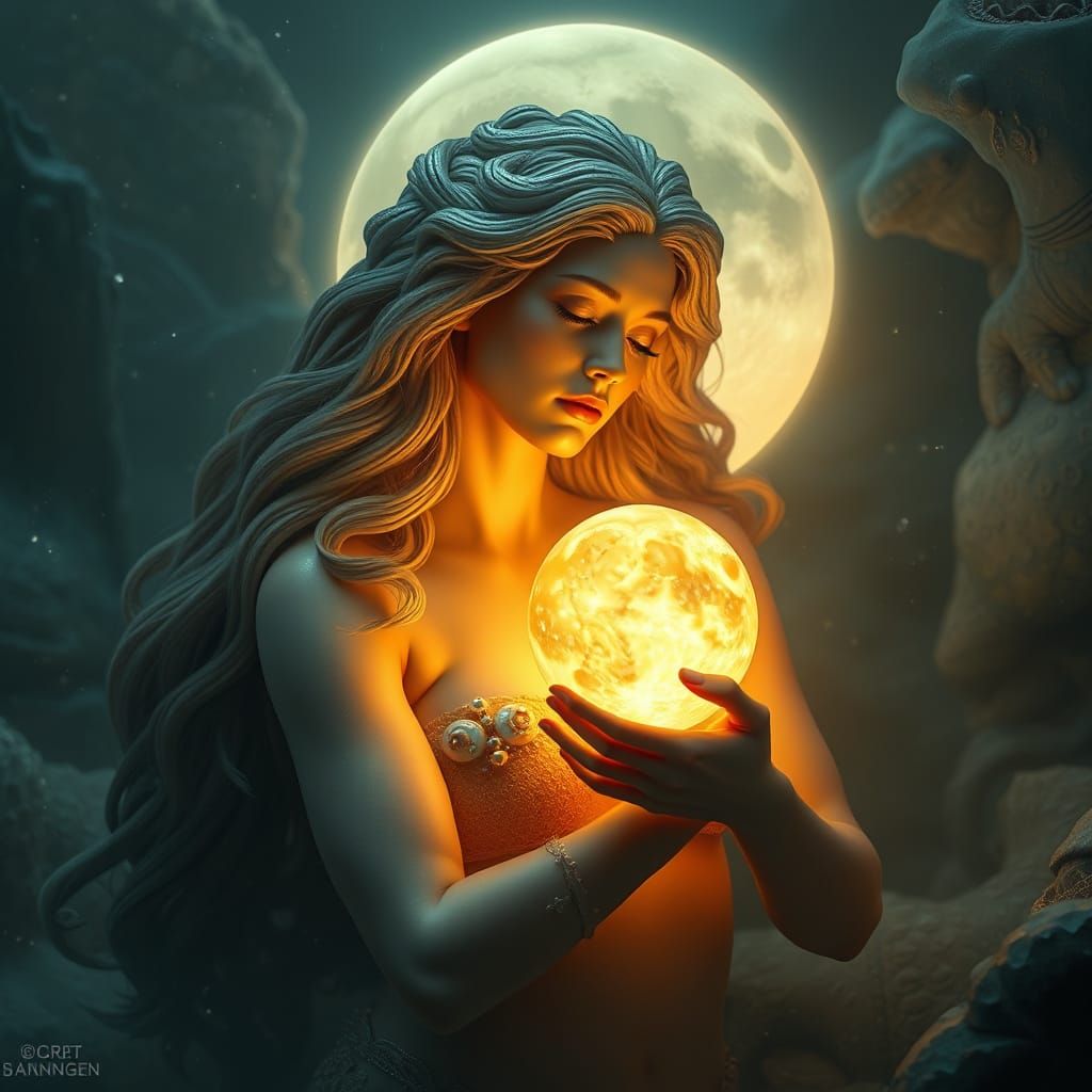 Glowing Moonlit Siren Goddess in Ethereal Dreamscape