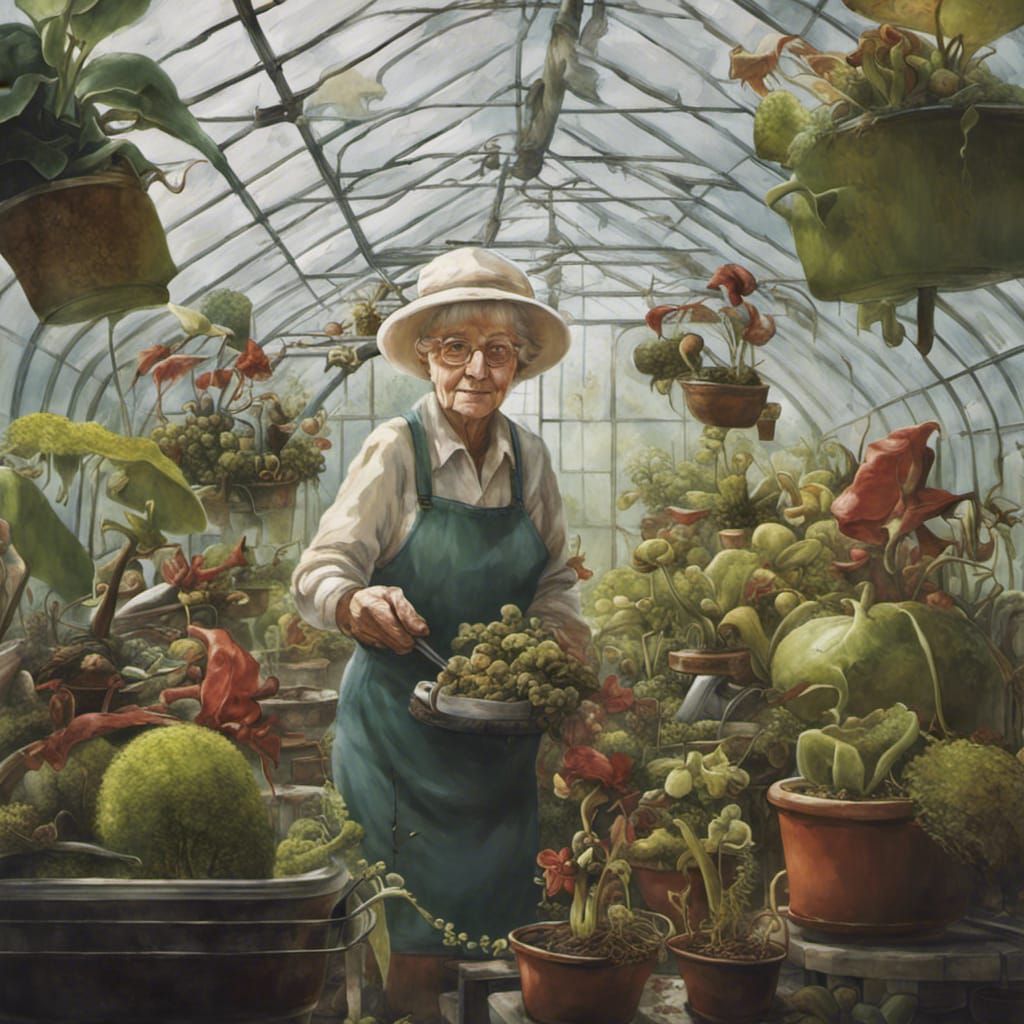 Elderly Gardener Cultivating Carnivorous Plants in Greenhous...