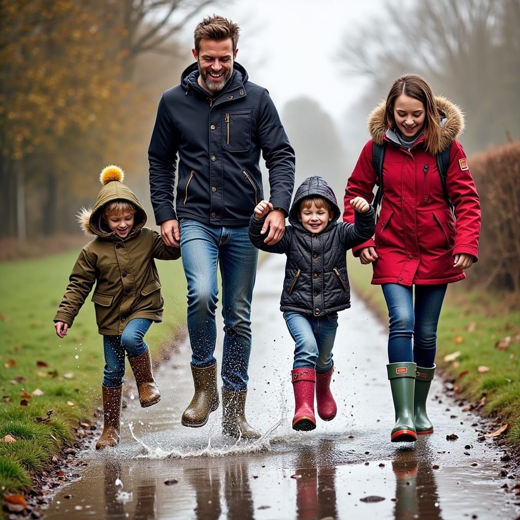 Parents and two pre-school children, all wearing wellies, ju...