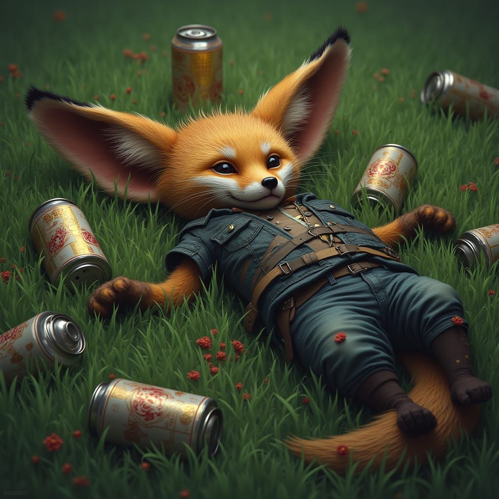 Drunken Fox Passed Out in Lush Green Grass