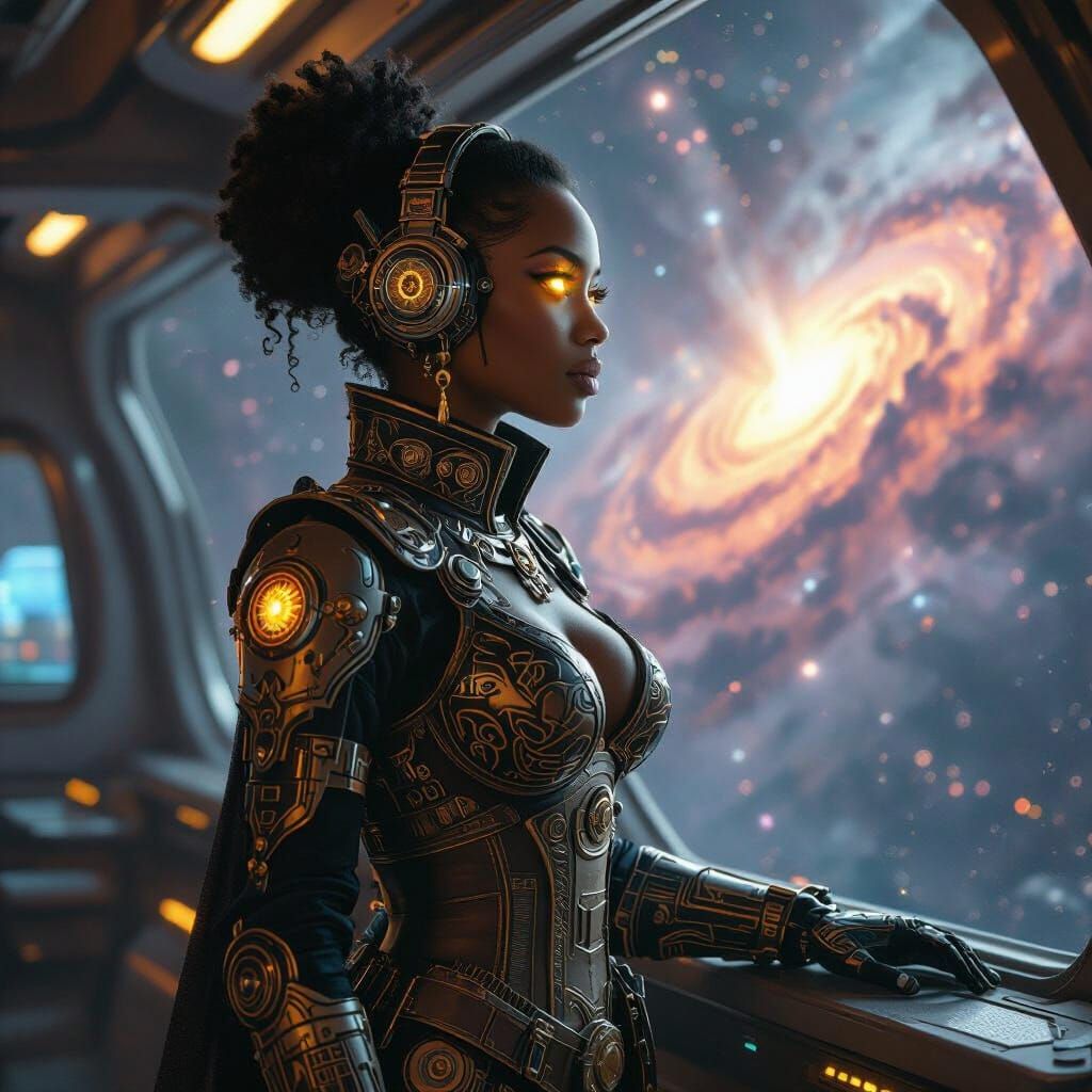 Steampunk Woman on Spaceship Bridge in Art Nouveau Style