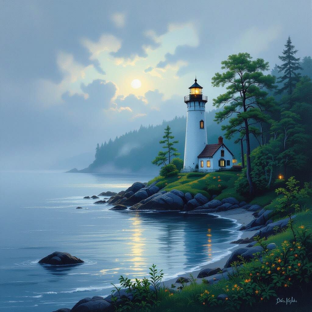 Lighthouse by Shimmering Sea Amidst Lush Trees at Twilight