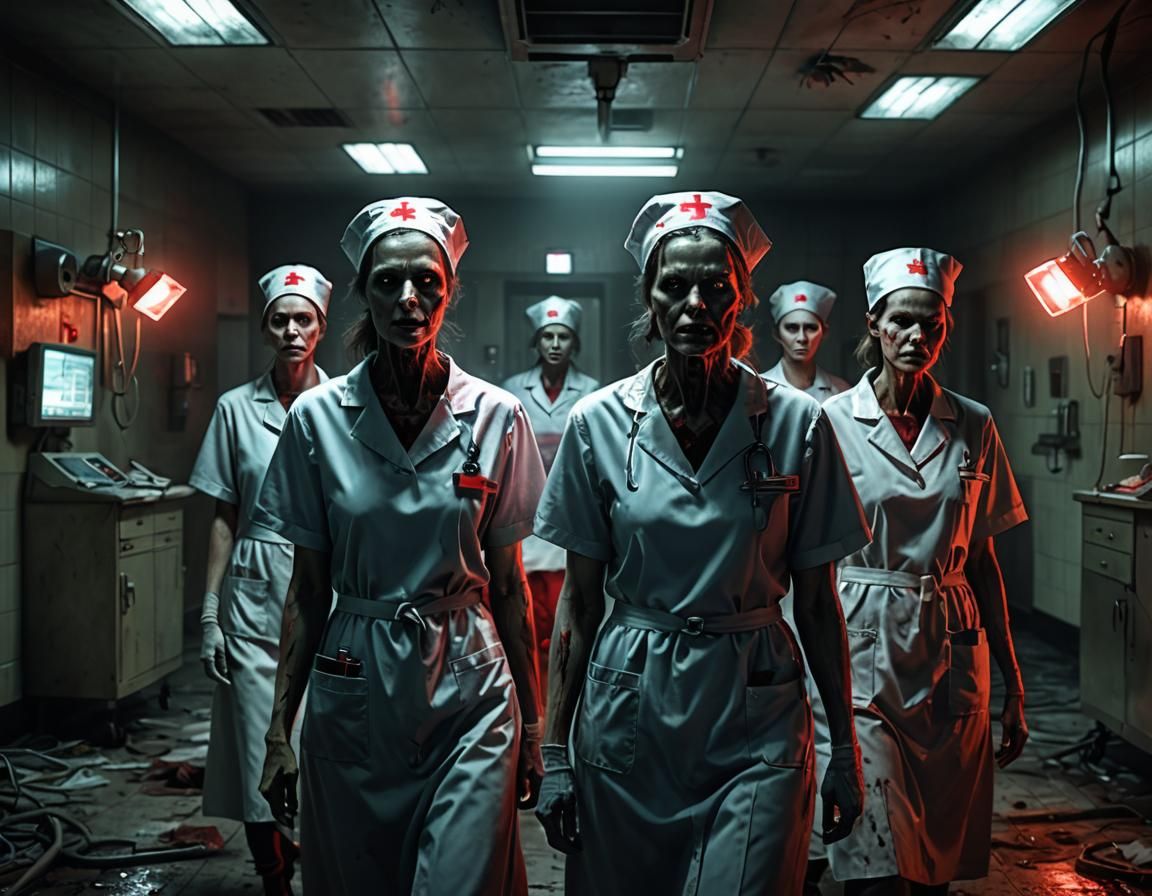 Eerie Nurses in Abandoned Hospital: Digital Horror Painting