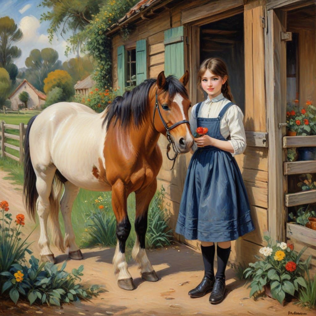 Girl and Pony on Farm in Impressionistic Style
