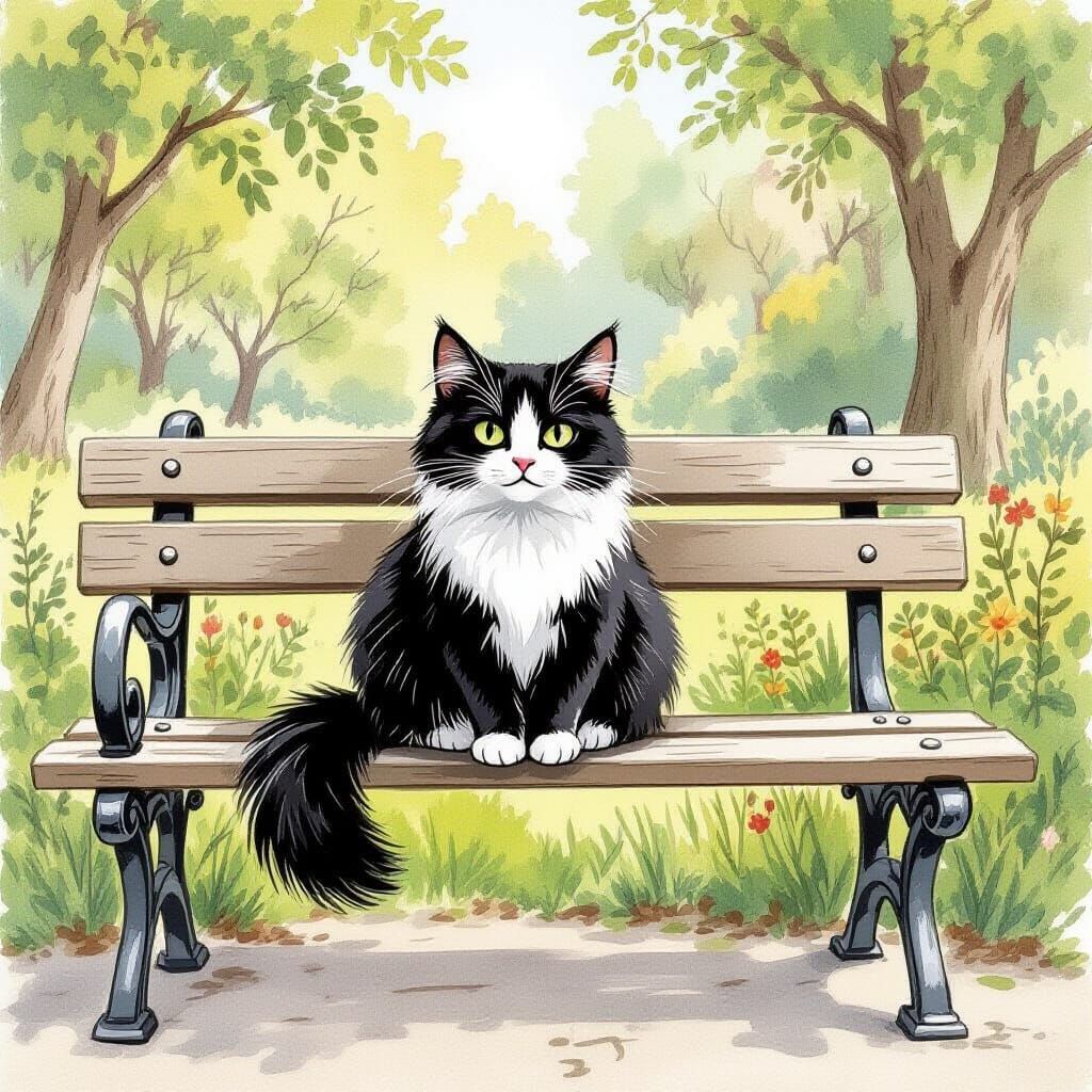Black and White Cat on Park Bench in Beatrix Potter Style