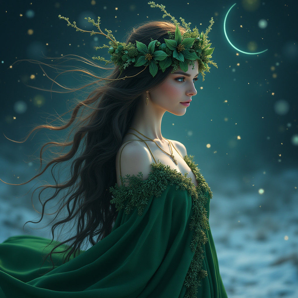 Capricorn Goddess Portrait with Green Flowers, Fantasy Art