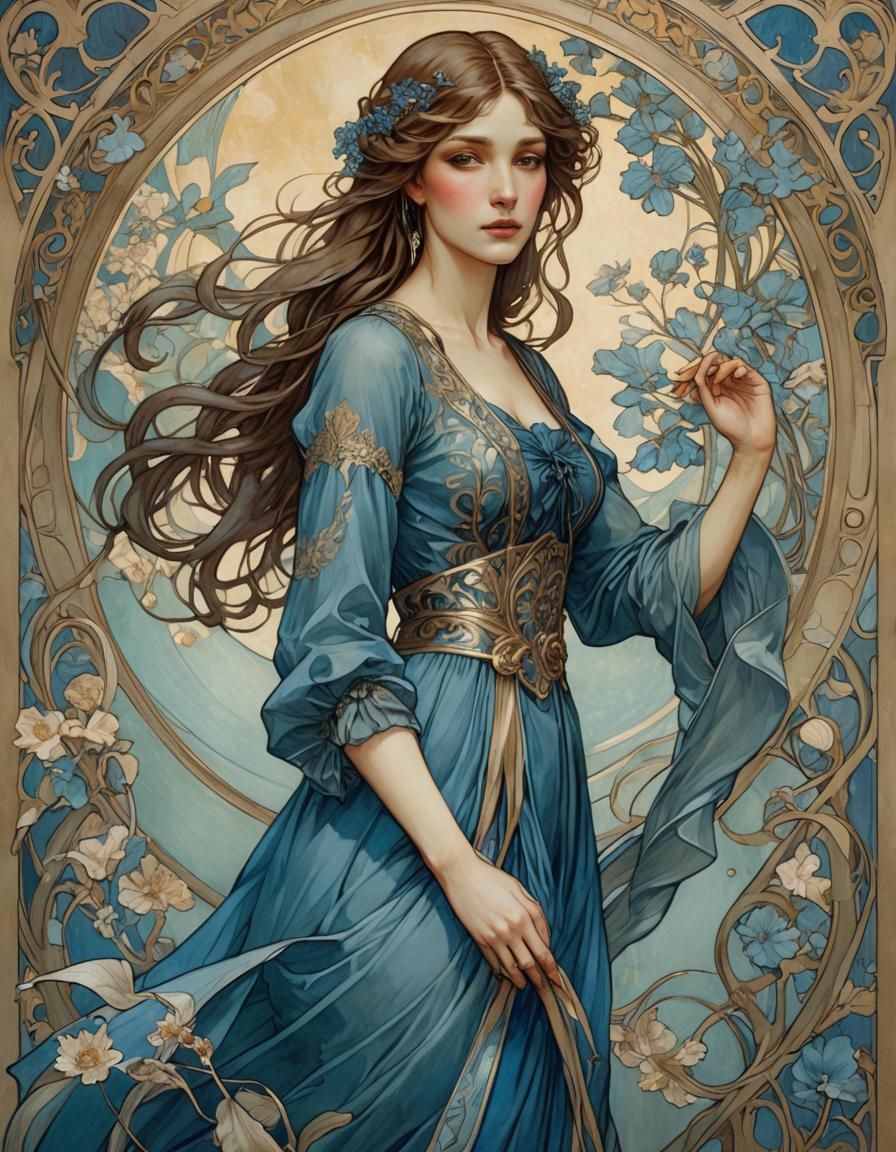 Art Nouveau Woman in Blue Dress