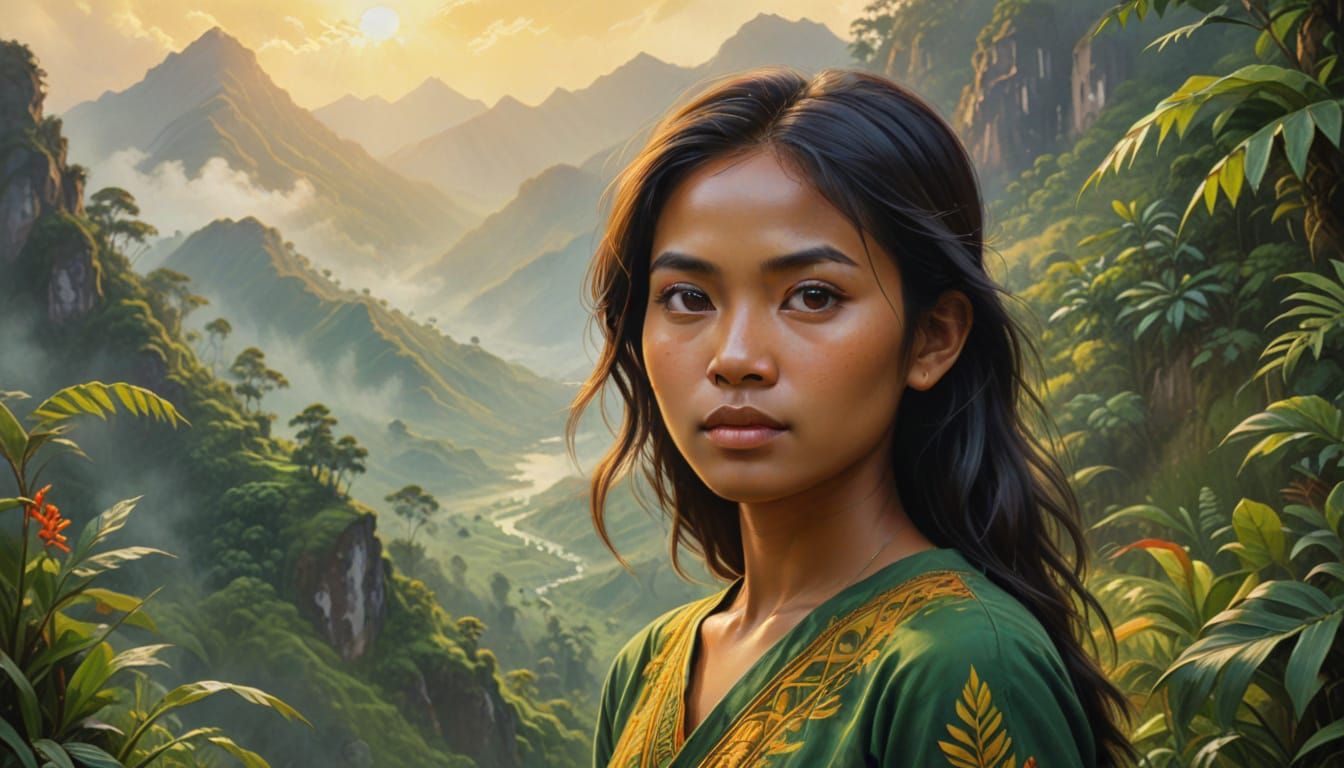 Expressionist Indonesian Girl in Mountain Landscape