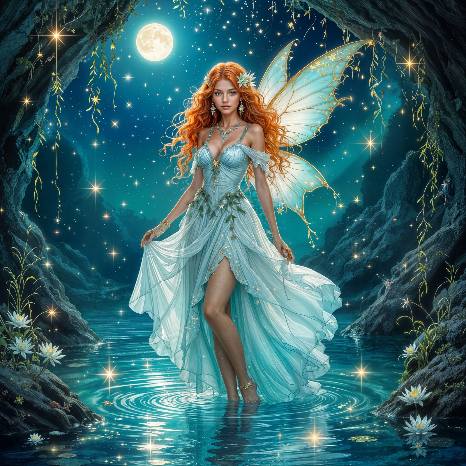 Redheaded Fairy in Aqua Grotto at Night