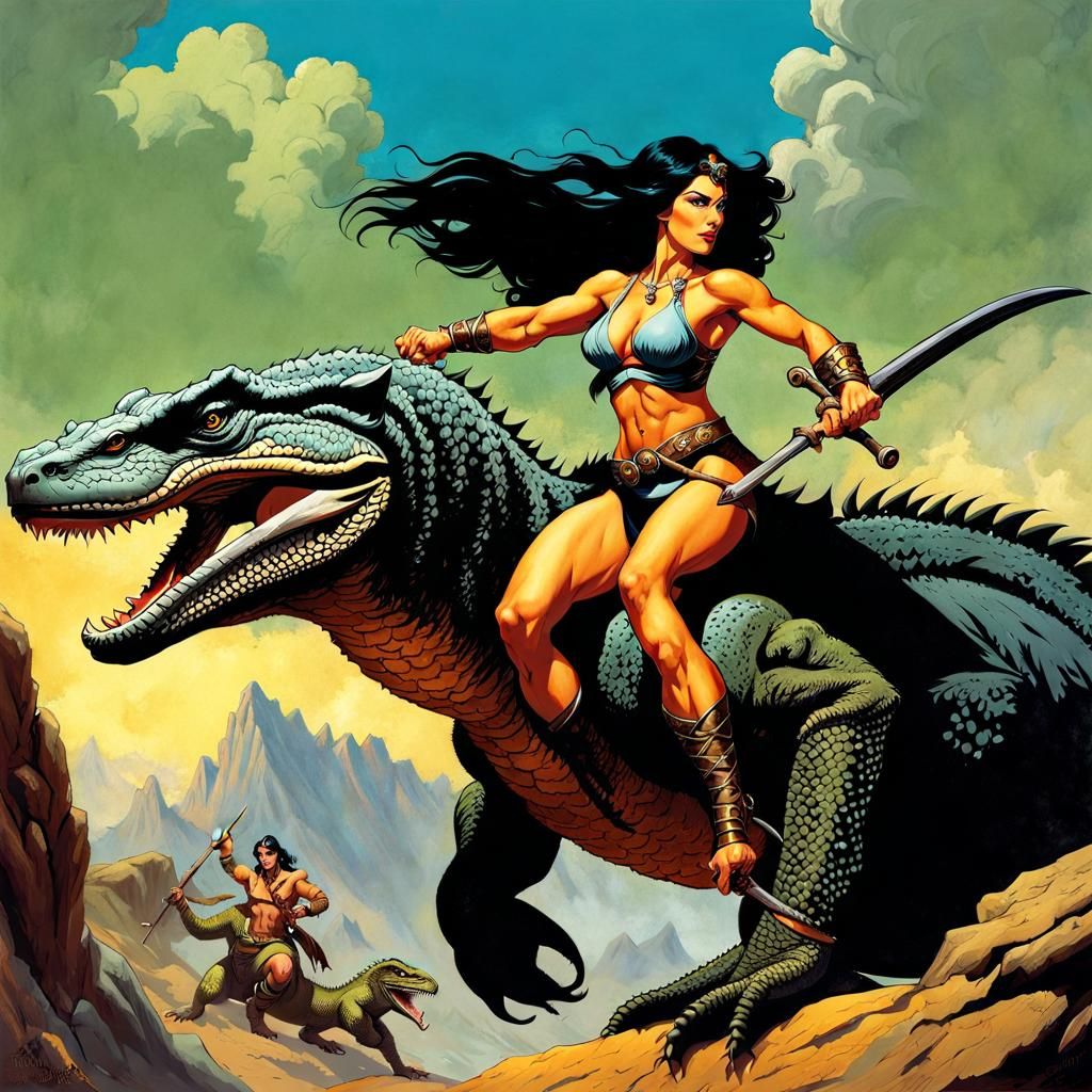 Warrior Woman Rides Dragon in Frazetta Style