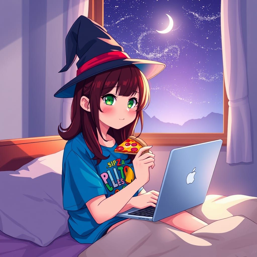 Anime Girl with Electric Blue T-Shirt and Witch's Hat