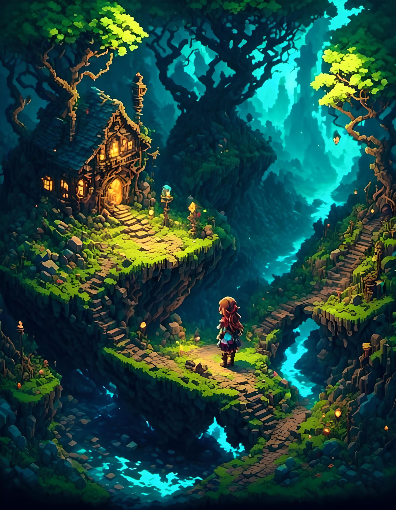 Isometric Pixel Art of Girl Exploring Mystical Forest