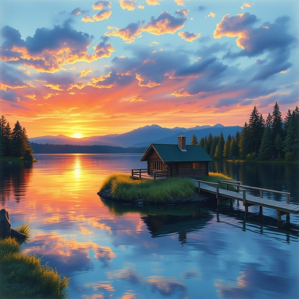 Lakeside Cabin at Sunset: Hyperrealistic Digital Watercolor