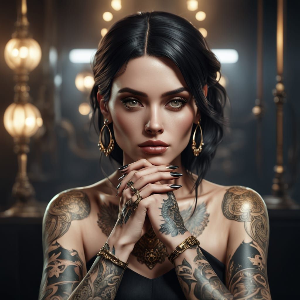 Tattooed Woman with Gold Jewelry: Hyperrealistic Portrait