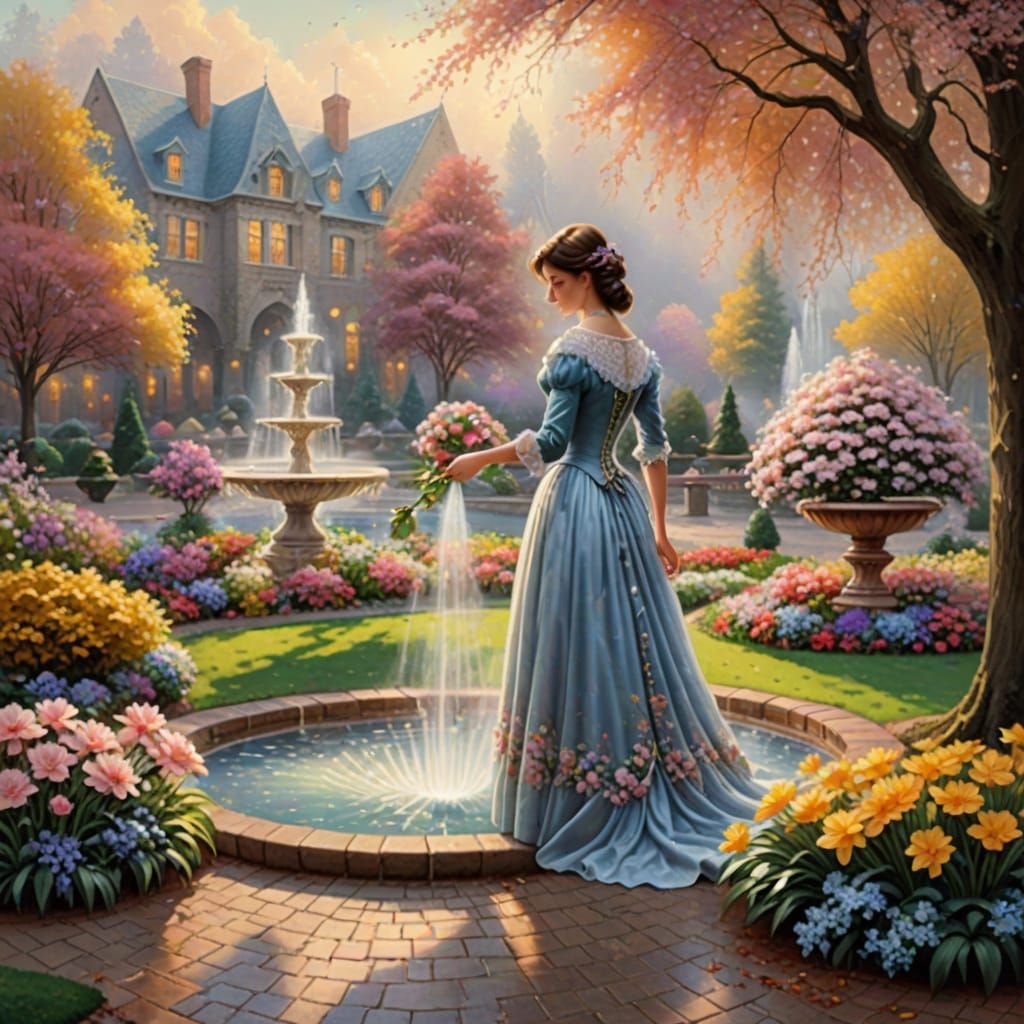 Victorian Woman in Spring Garden Fountain