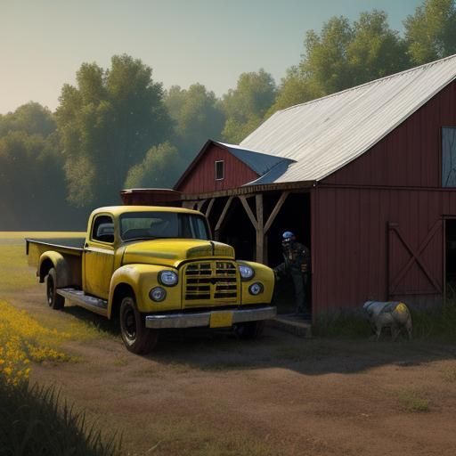 Mechanic and Girl Repairing Classic Truck: Digital Art