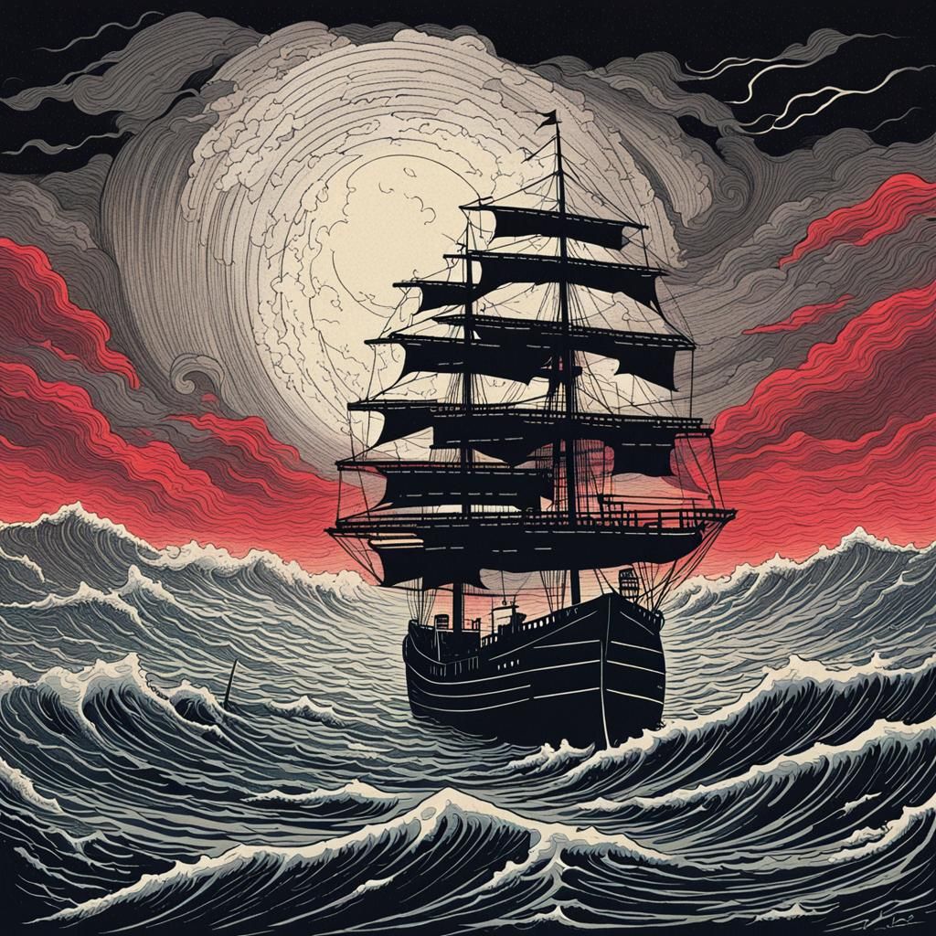 Stormy Seas: Ship Silhouette in Ukiyo-e Style