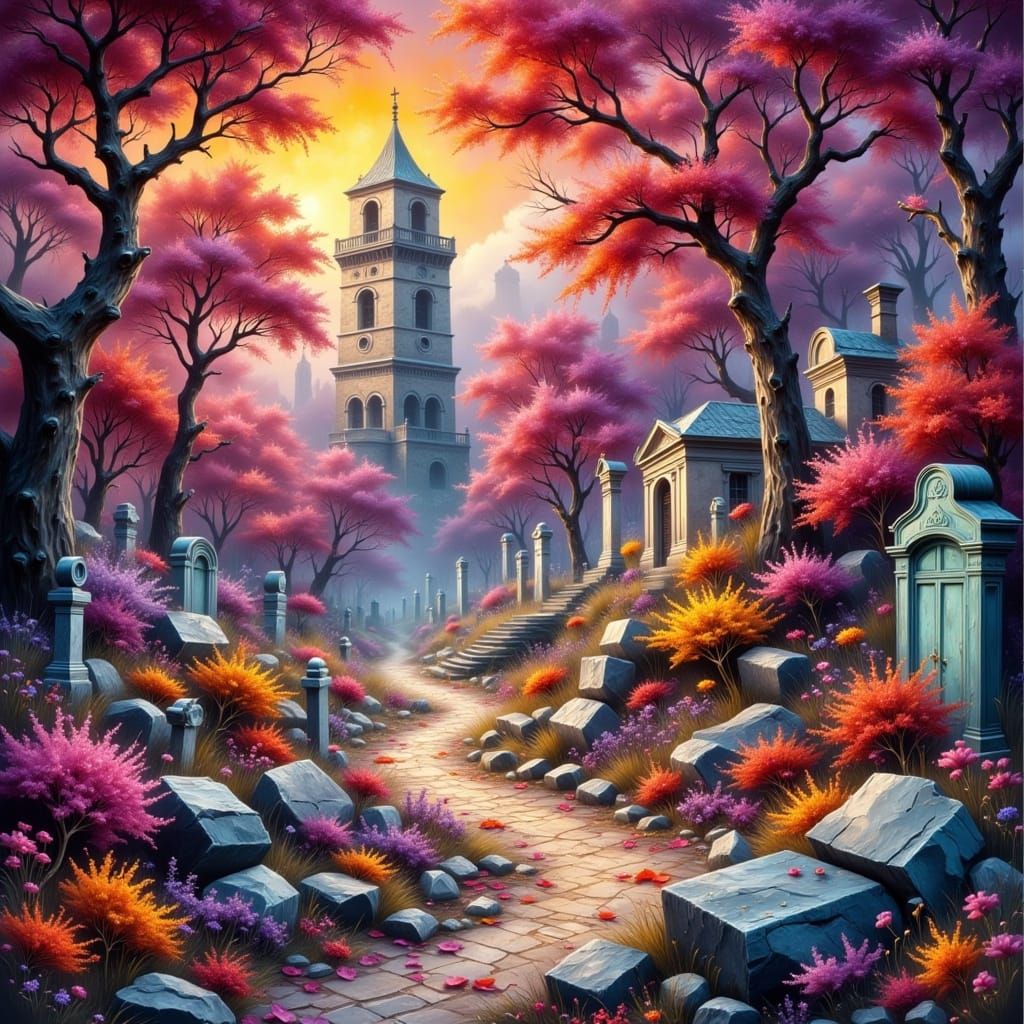 Ethereal Autumn Forest Path to Ruined Tower