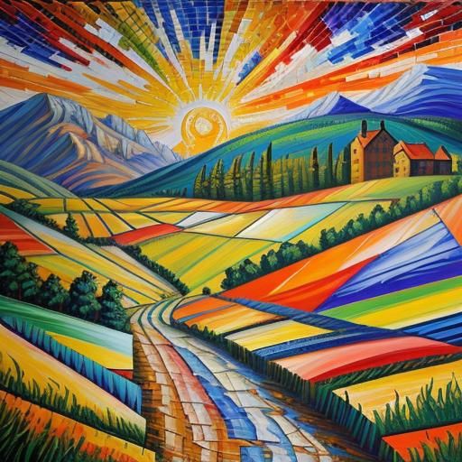 Mosaic Landscape: Expressionist Oil Painting with Impasto Te...