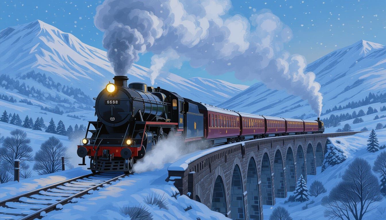 Snowy Steam Train on Glenfinnan Viaduct in Winter Wonderland