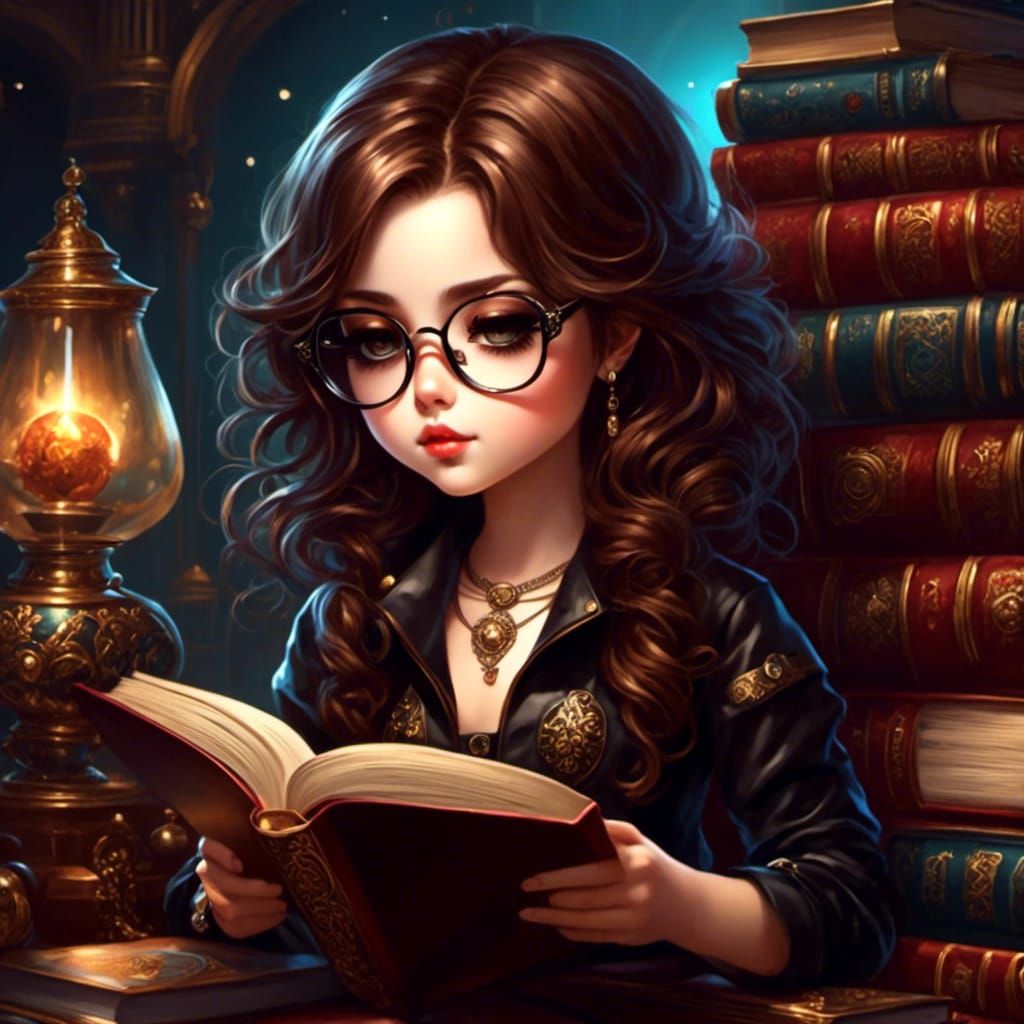 Chibi Girl Reading Book with Glasses