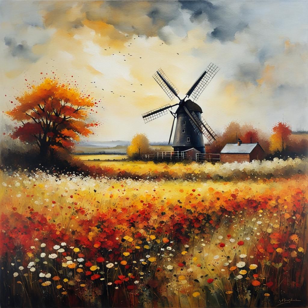 Windmill in Autumn Landscape as Textured Painting