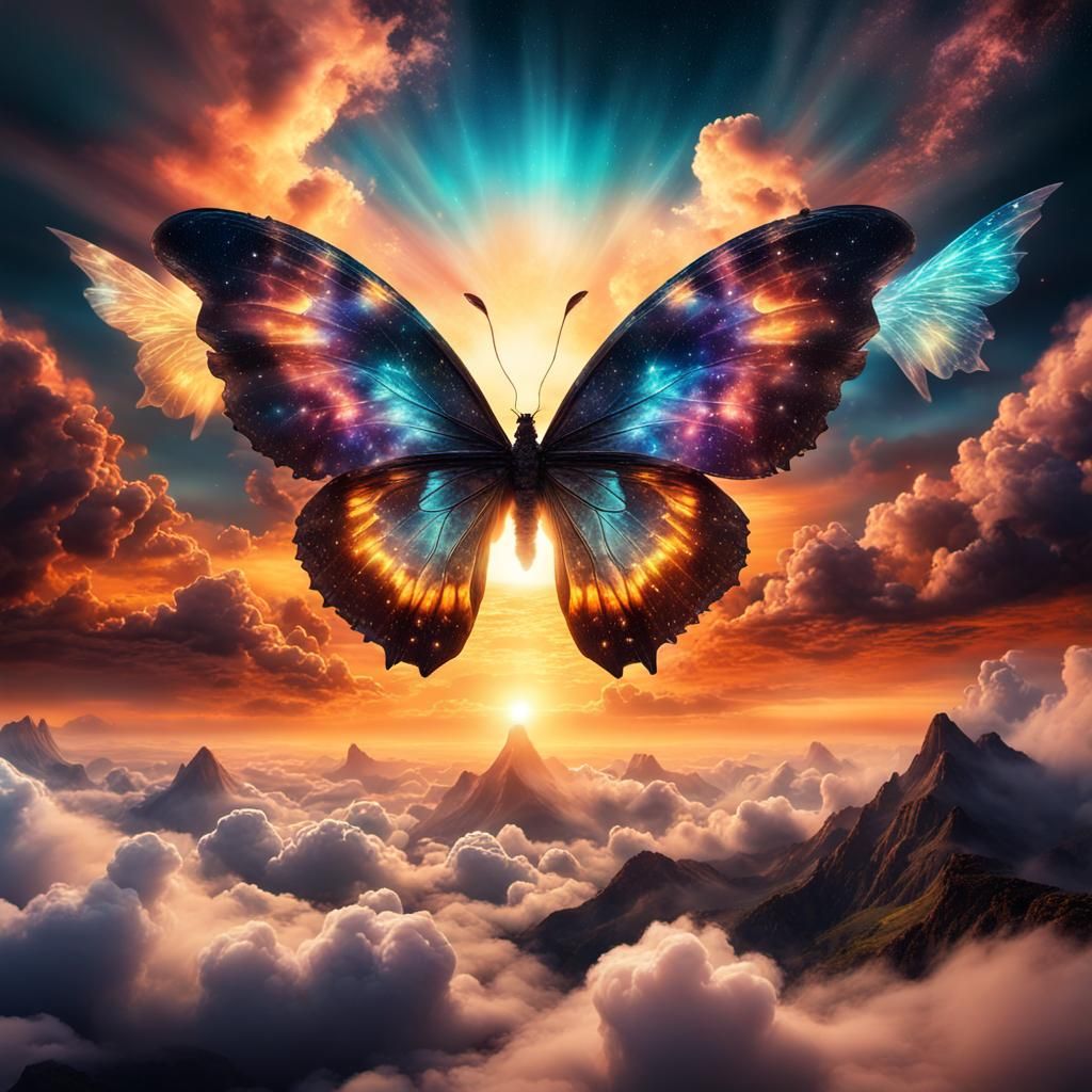 Mystical Butterfly with Galactic Wings at Sunset