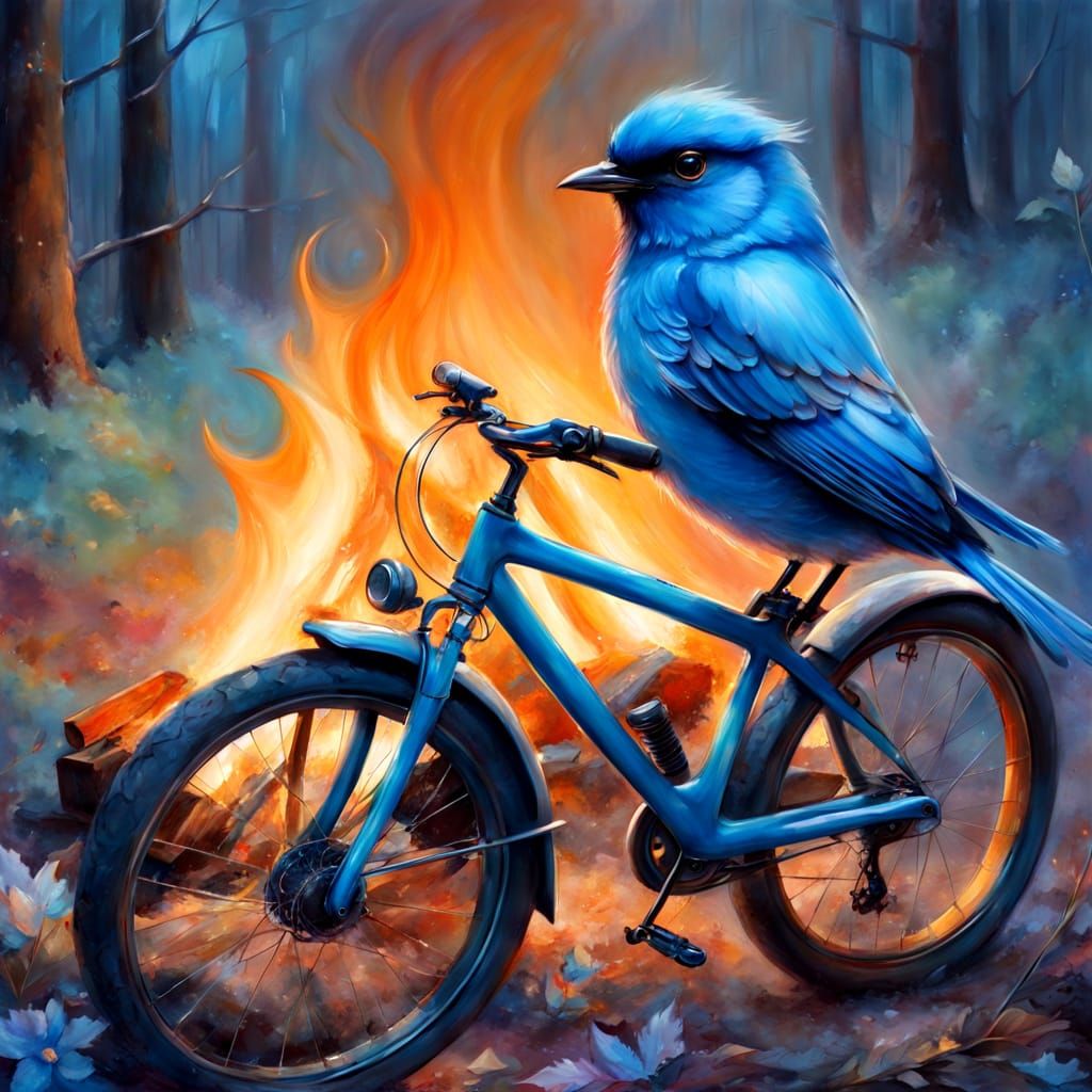 Bird on a Vintage Bicycle by a Warm Campfire
