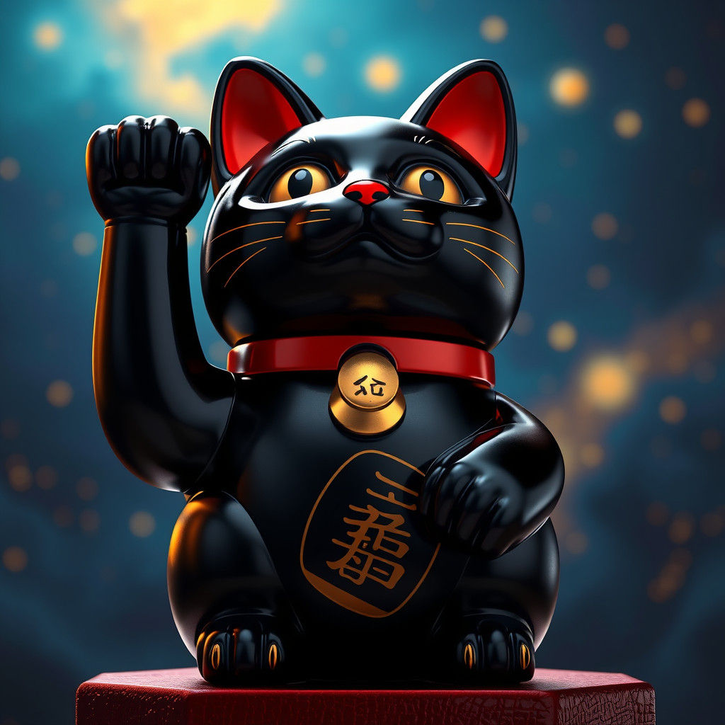 Mystical Black Maneki-Neko Figurine, Matte Painting