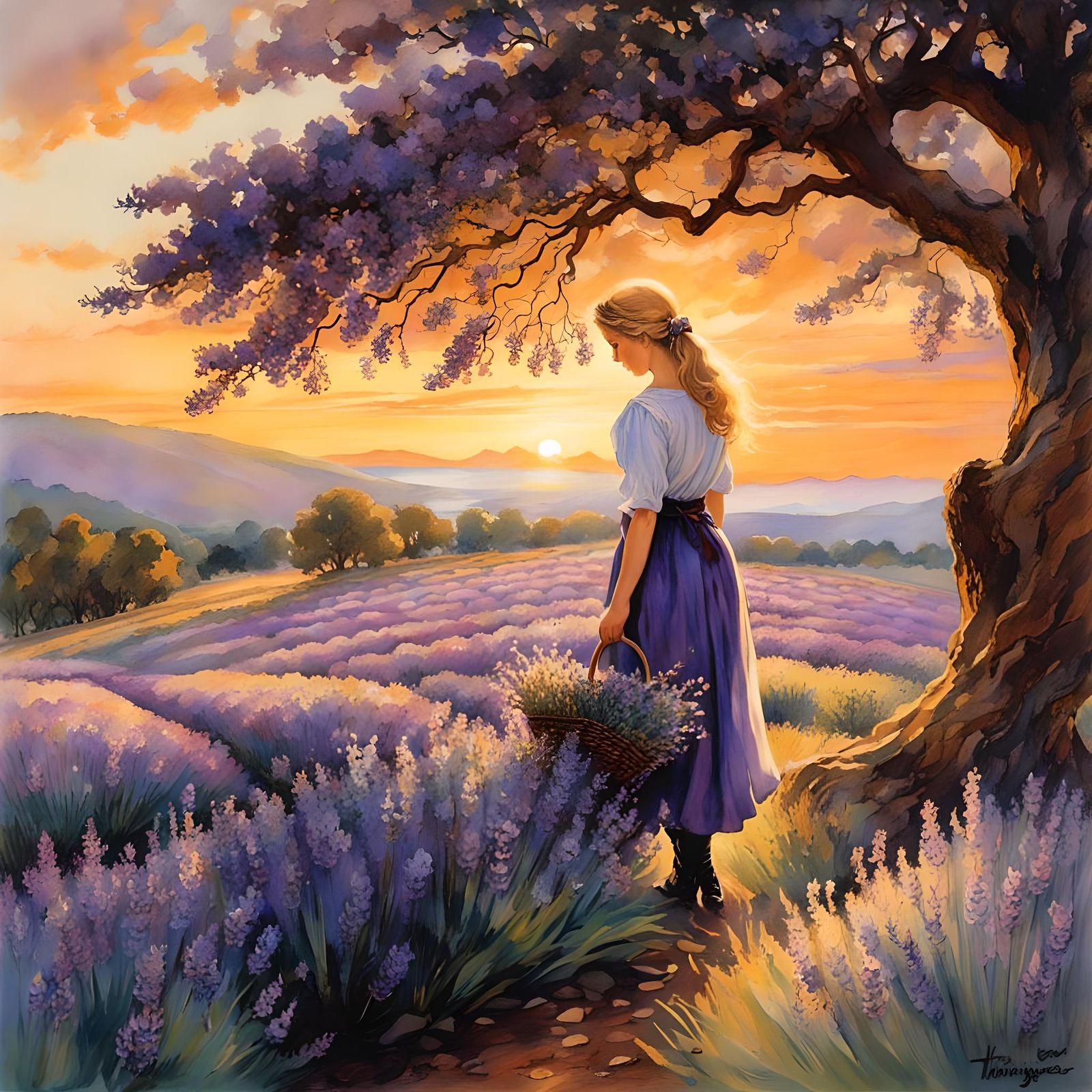 Norwegian Woman Picking Lavender in Watercolor