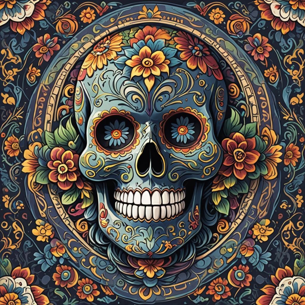 Colorful Dia de los Muertos Sugar Skull in Anime Style