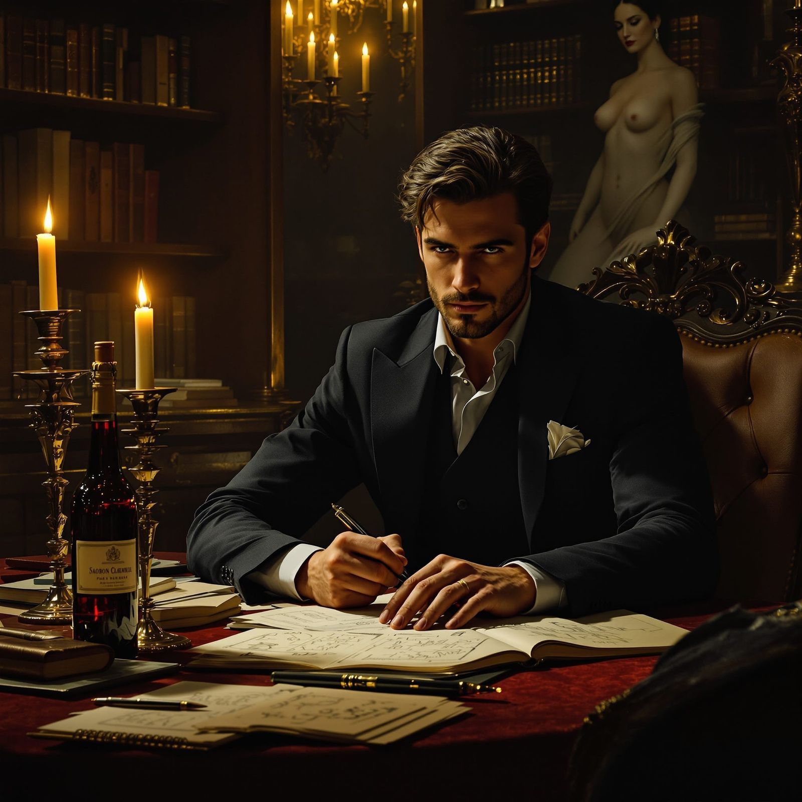 Handsome Man Writes in Candlelight, Caravaggio Style