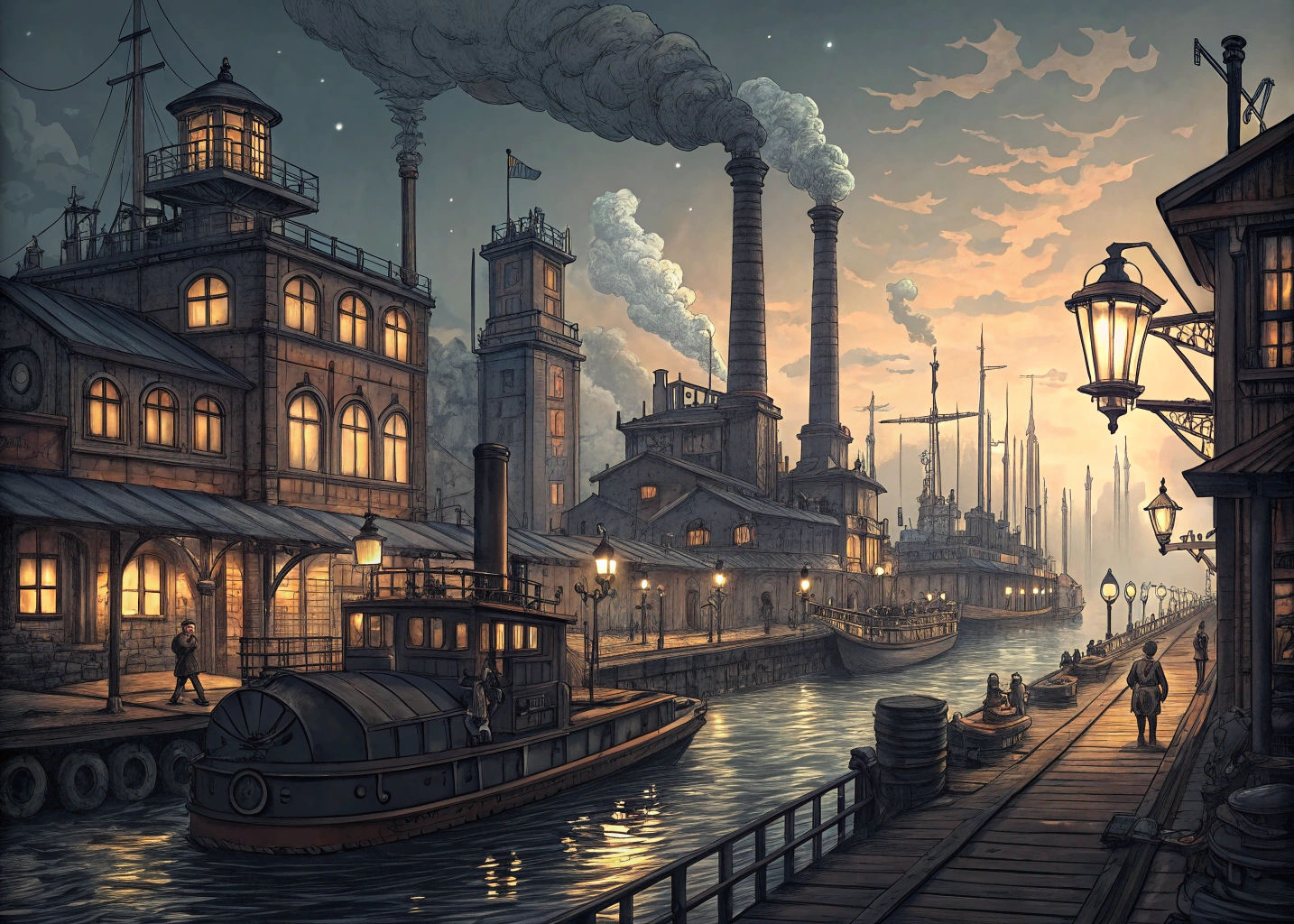 Steampunk Harbor in Retro 2D Vector Art Style