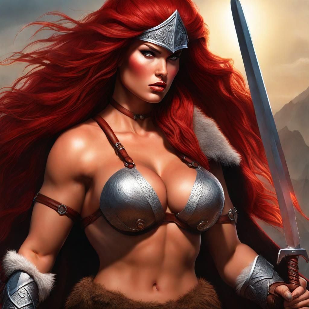 Voluptuous Red Sonja: Hyperrealistic Barbarian Masterpiece