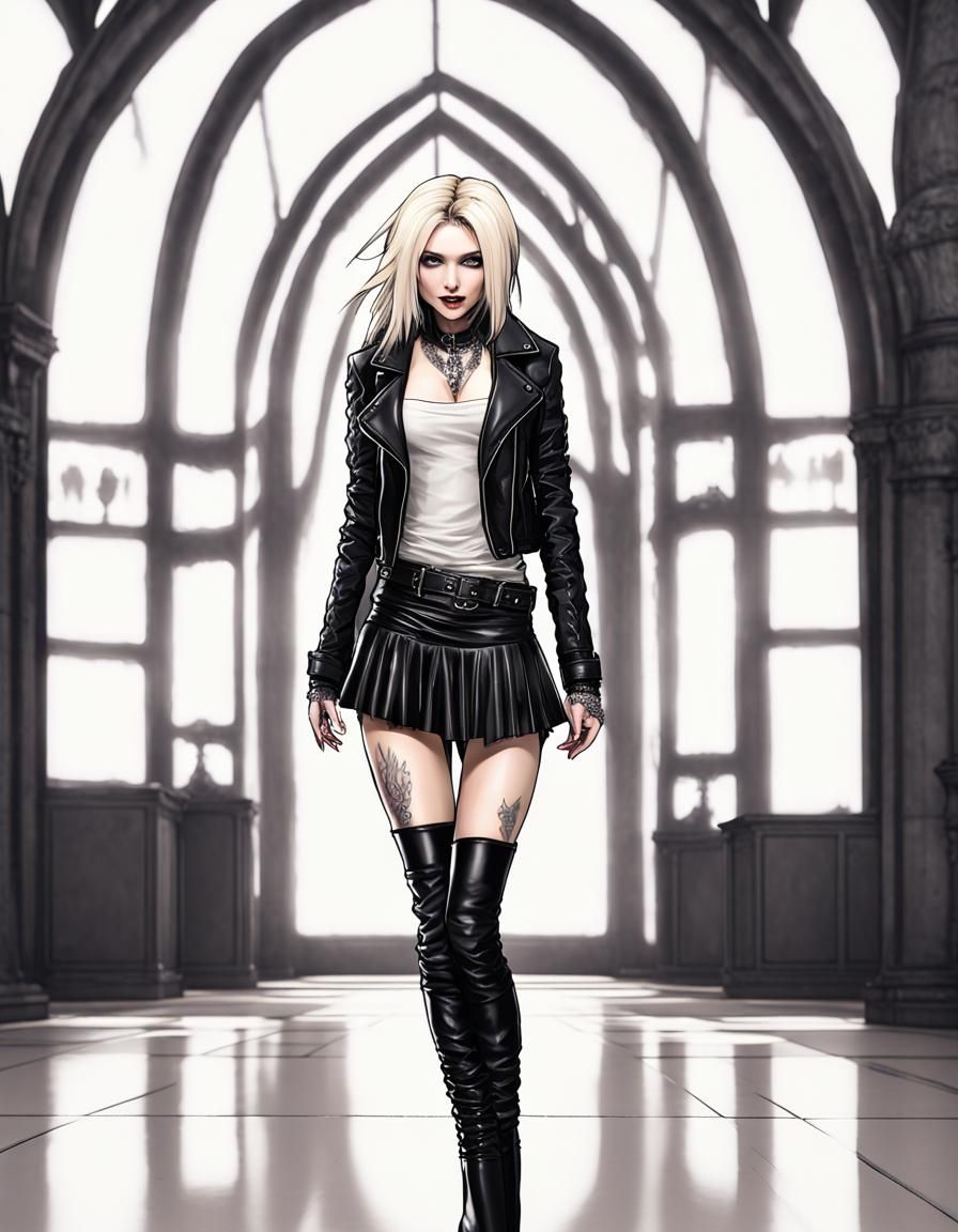 Goth Girl in Black Leather Outfit