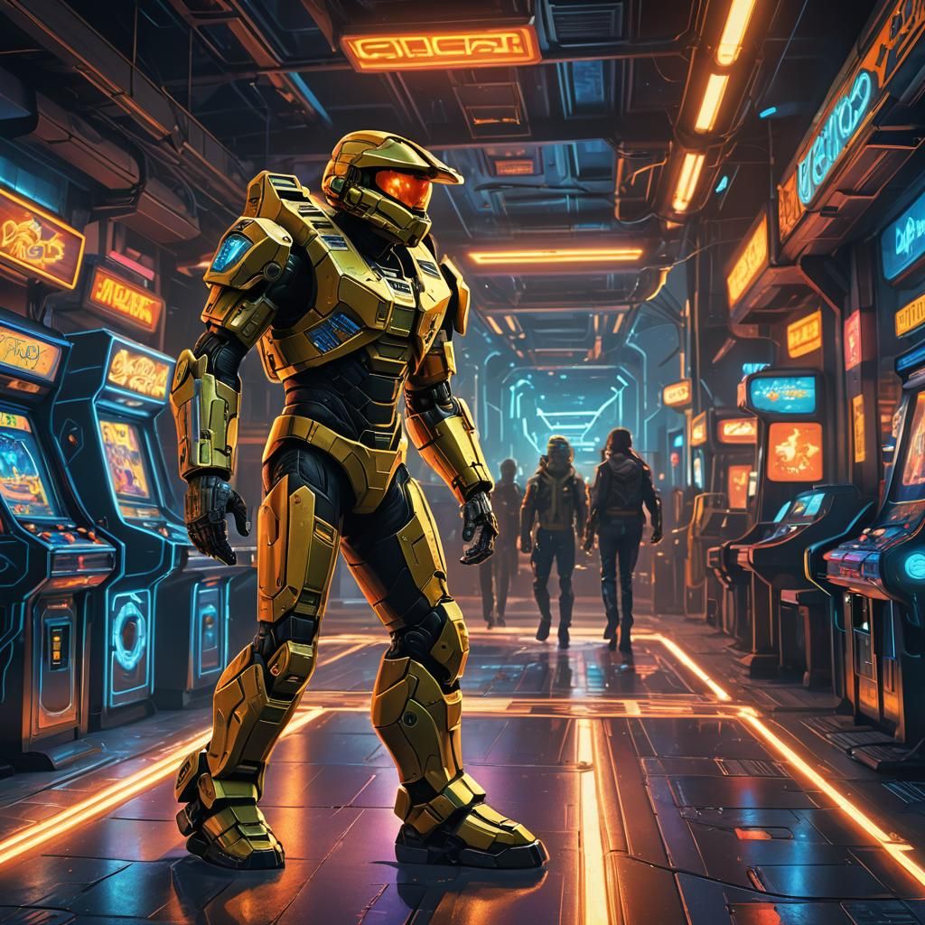 Master Chief at an Arcade in Cyberpunk Style