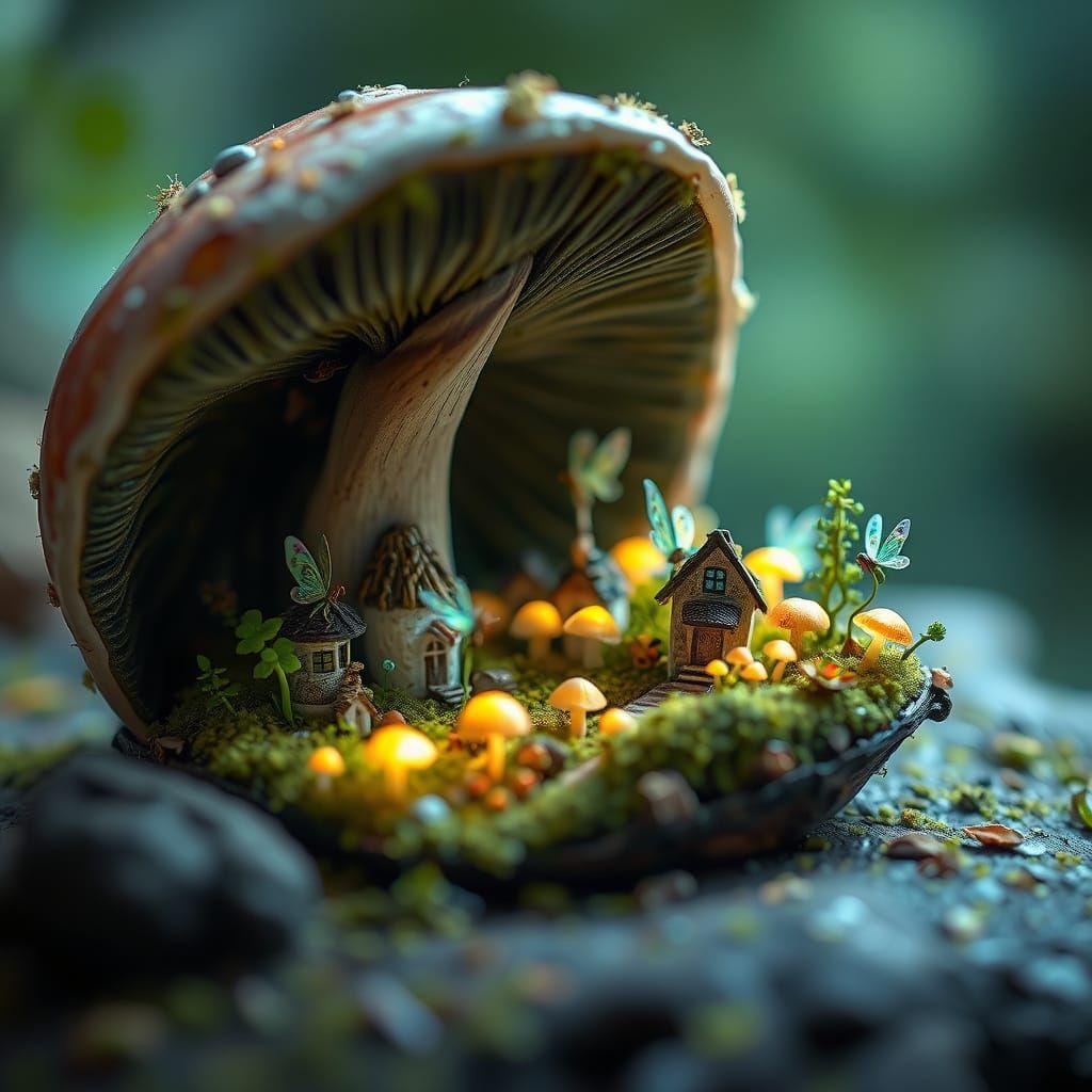 Enchanted Mushroom Village with Fairies in Ethereal Light