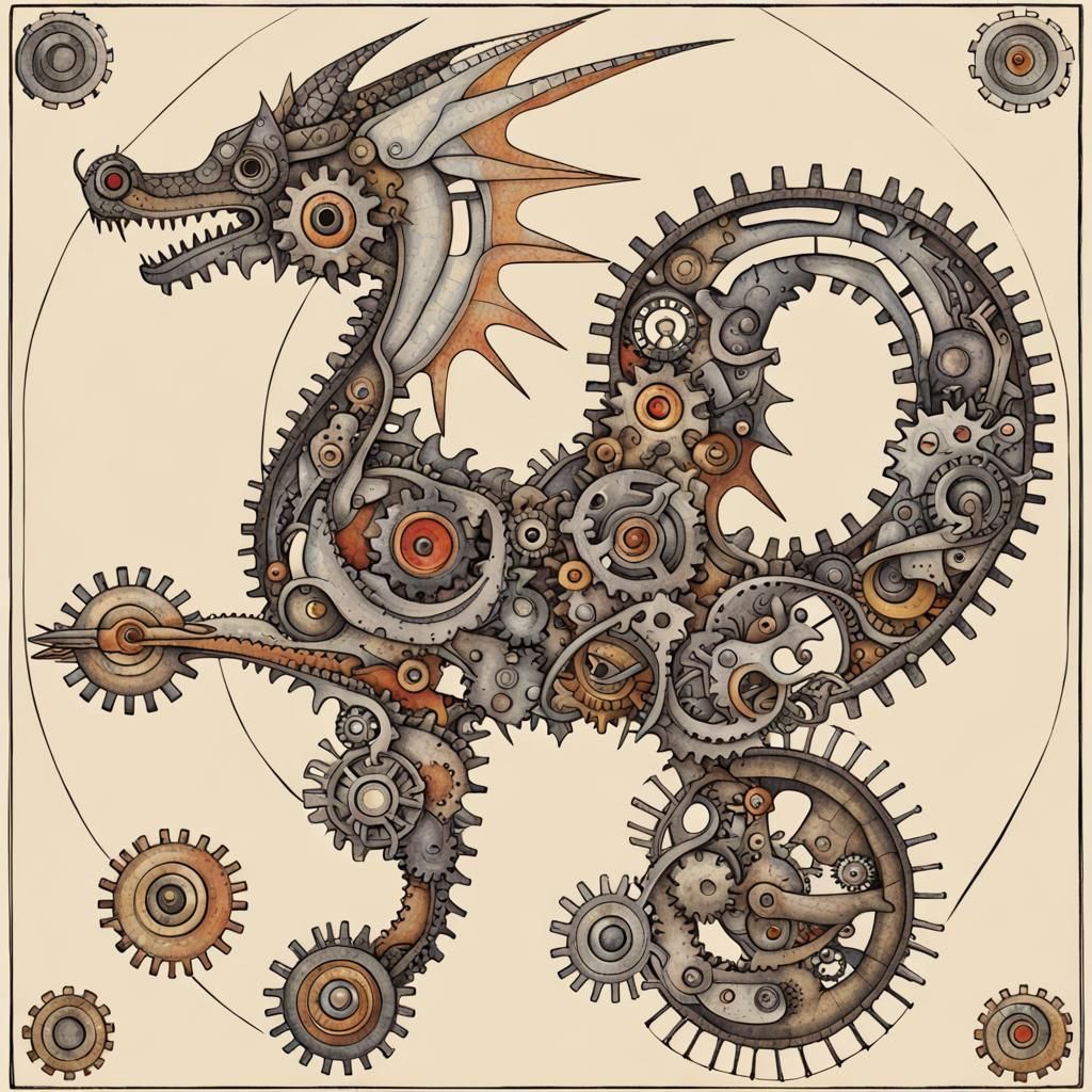 Steampunk Dragon in Bauhaus Style Line Art