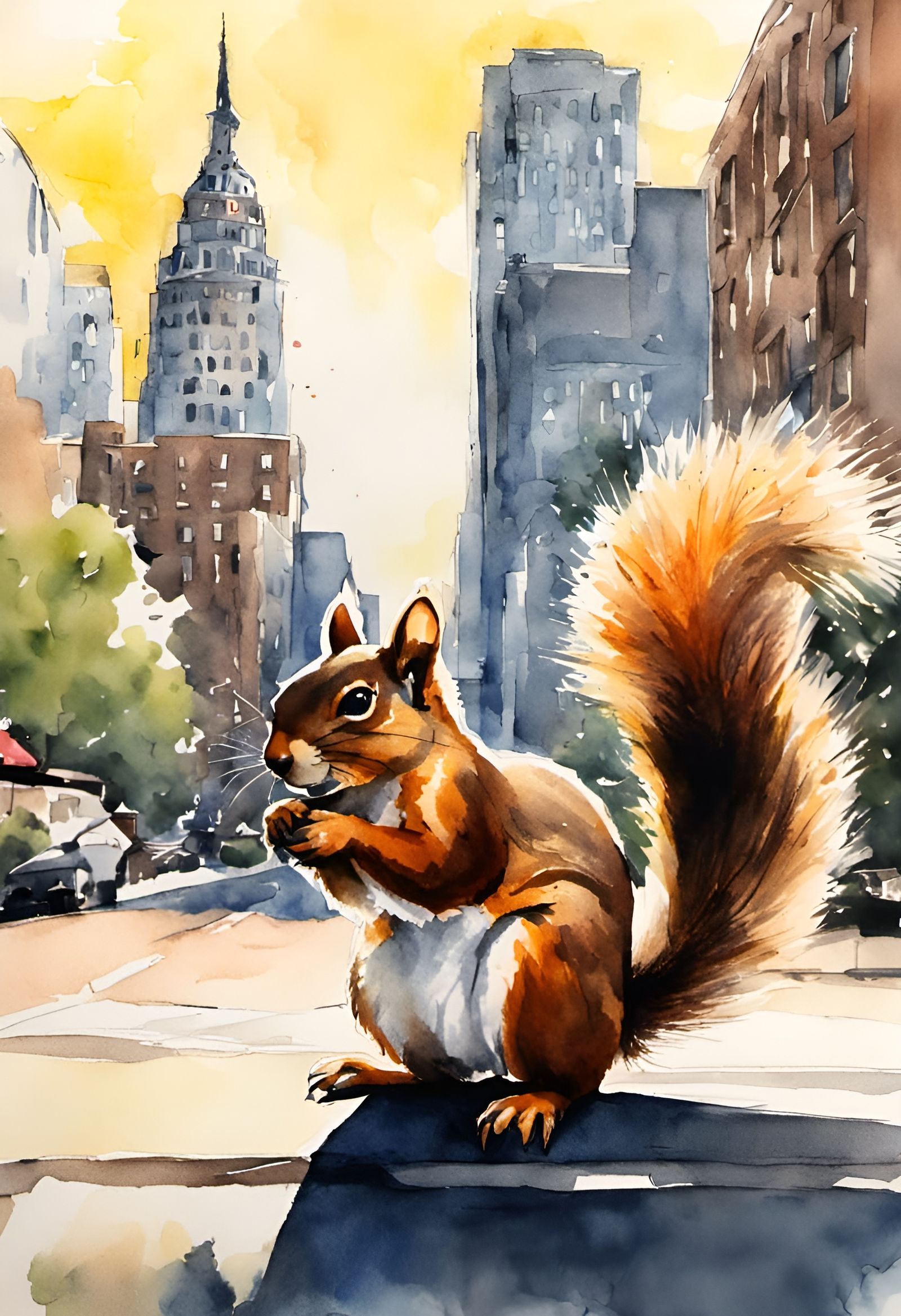 Squirrel Glistening in Inkpunk Watercolor Painting