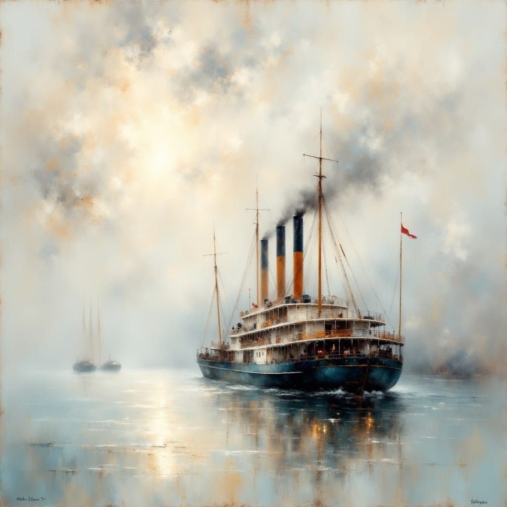 Impressionist Steamboat in Fog, Oil on Canvas
